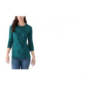 Kim Rogers Size XXL Women's 3/4 Sleeve Printed Top Green Navy Floral Excellent